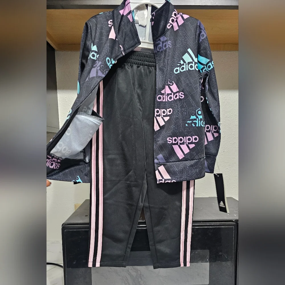 New Adidas Kids' Black Tracksuit with Pink and Blue Accents toddler girls 4T